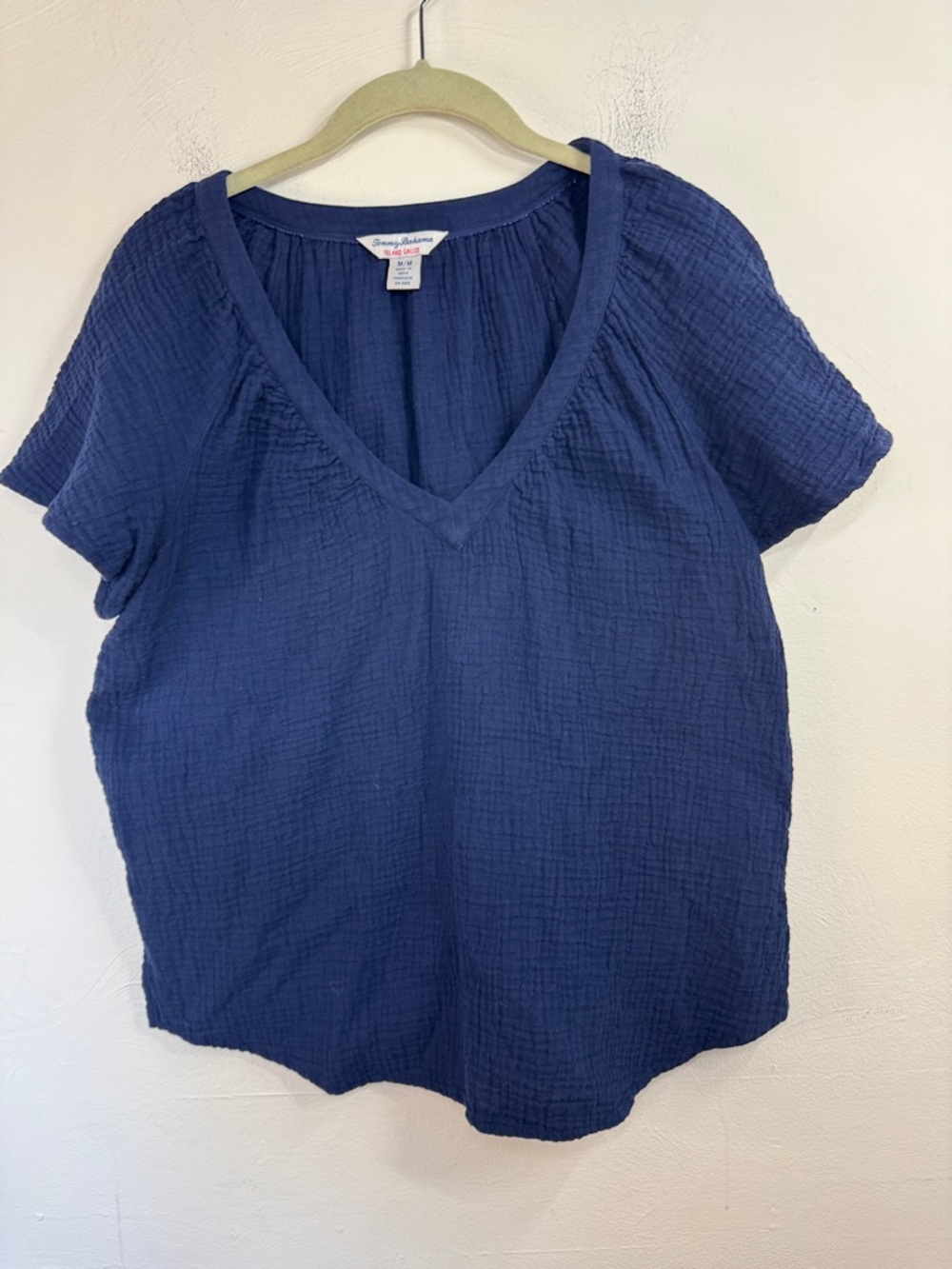 Tommy Bahama Navy Island Gauze V-Neck Short Sleeve Top Vacation Resort Beach